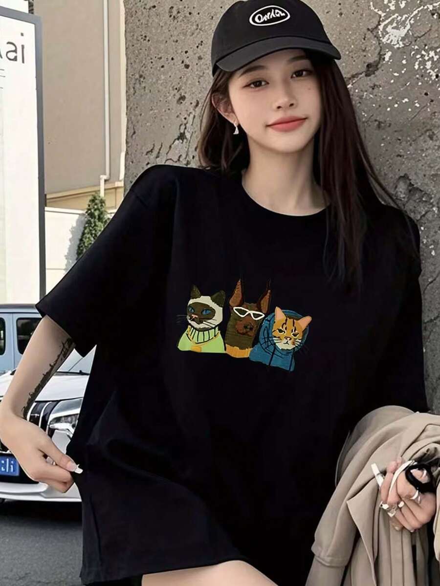 Fashionable Short-Sleeved T-Shirt For Ladies, Cute Little Bear Cool GIRL Letter Print Casual Loose-Fitting Women's 100% Pure Cotton Top, Women's Clothing - Black - View 1