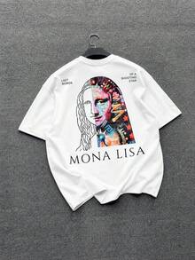 ChristmasFractyr Camiseta Holgada para Hombre con Diseño de Arte Dividido de la Mona Lisa, con Estampado Frontal y Trasero, Camiseta Blanca Suave de Estilo Urbano, Artículo Popular - Blanco - Ver 7