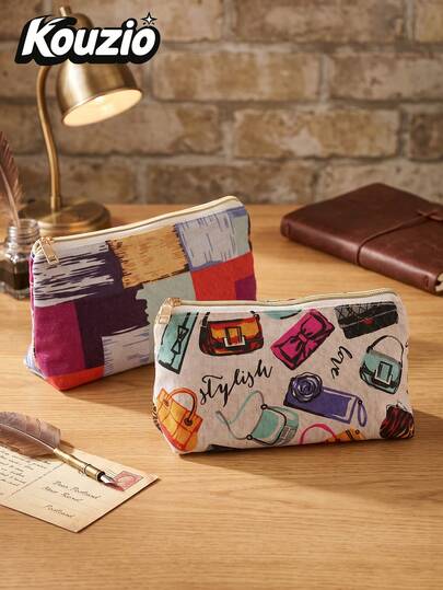 1pc Abstract Art Print Triangle Fabric Pencil Case, 2 Styles Available - Colorful Patchwork & Fashion Handbag Print, Slim Flat Zipper Stationery Organizer, Portable Multi-Functional Pen Pouch & Makeup Bag, Small Storage Pouch For Students Teens Girls, Daily Use & Back To School Essentials
