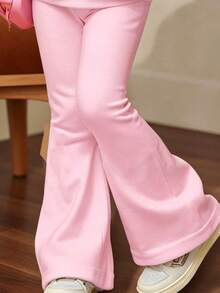 Young Girl Cartoon Print Crew Neck Long Sleeve Sweatshirt And Flare Leg Pants Casual Outfit - Pink - View 5