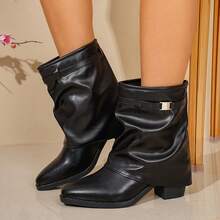 1 Pair Popular Folded Pleated Boots Fashion Buckle Flat Comfortable Solid Color Western Style Casual Microfiber Leather Mid-Calf Boots For Holiday Party Autumn Winter - Black - View 12