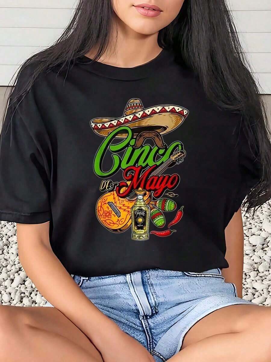 Women's Cinco De Mayo Sombrero Guitar Tequila Maracas And Chili Pepper Print T-Shirt For Fiesta Celebration Party May 5th 220g Basic Women's Blouses - 黑色 - 查看 1