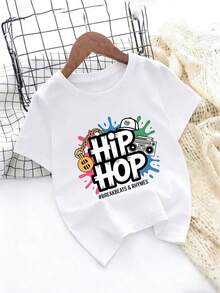 Hip-Hop Style T-Shirt For Boys And Girls, With Urban Culture Prints, Perfect For Casual Street Dance Performances - 白色 - 查看 1