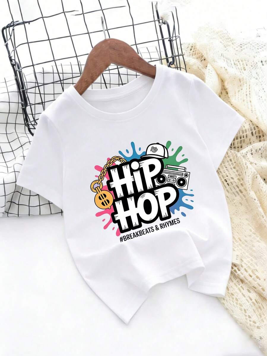 Hip-Hop Style T-Shirt For Boys And Girls, With Urban Culture Prints, Perfect For Casual Street Dance Performances - 白色 - 查看 1