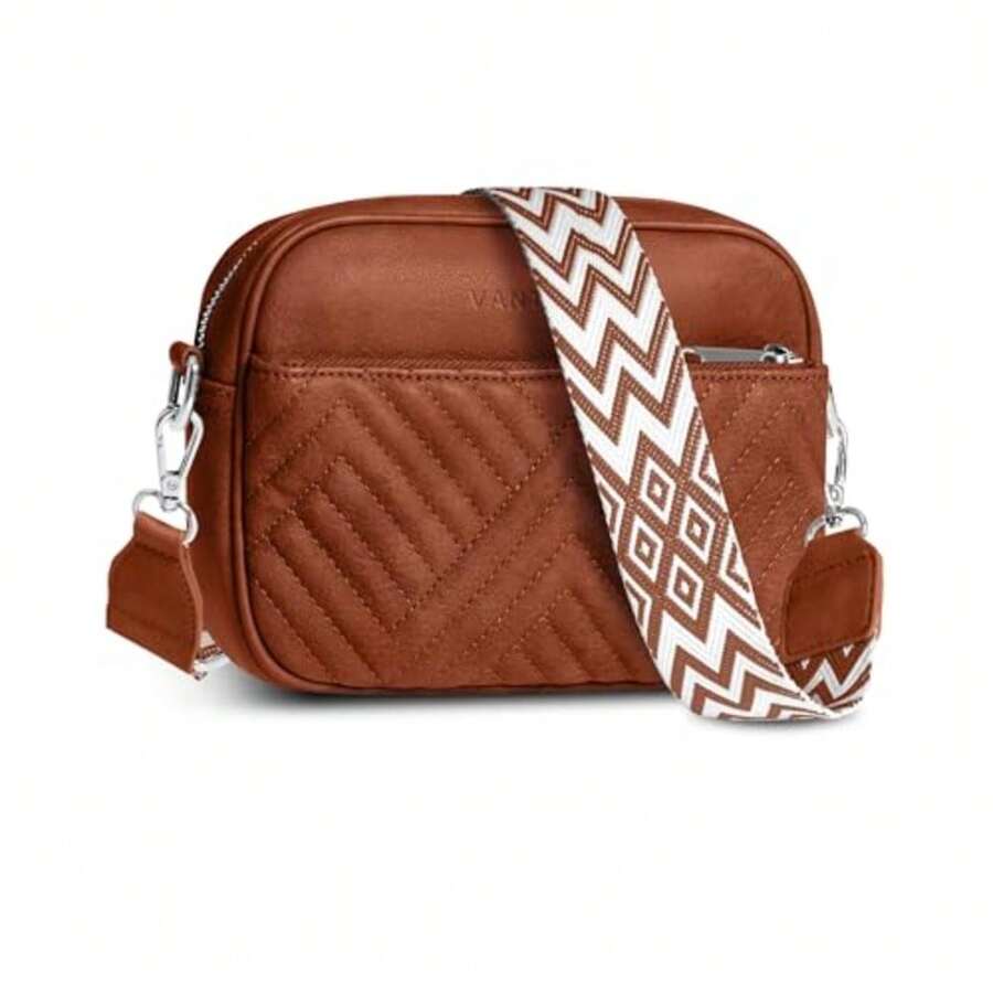 Premium Quilted Crossbody Bags For Women With Anti-Pickpocket Clip, Vegan Leather Handbags, Travel Purses For Women - 單肩包 青銅色提花肩帶 - 查看 1