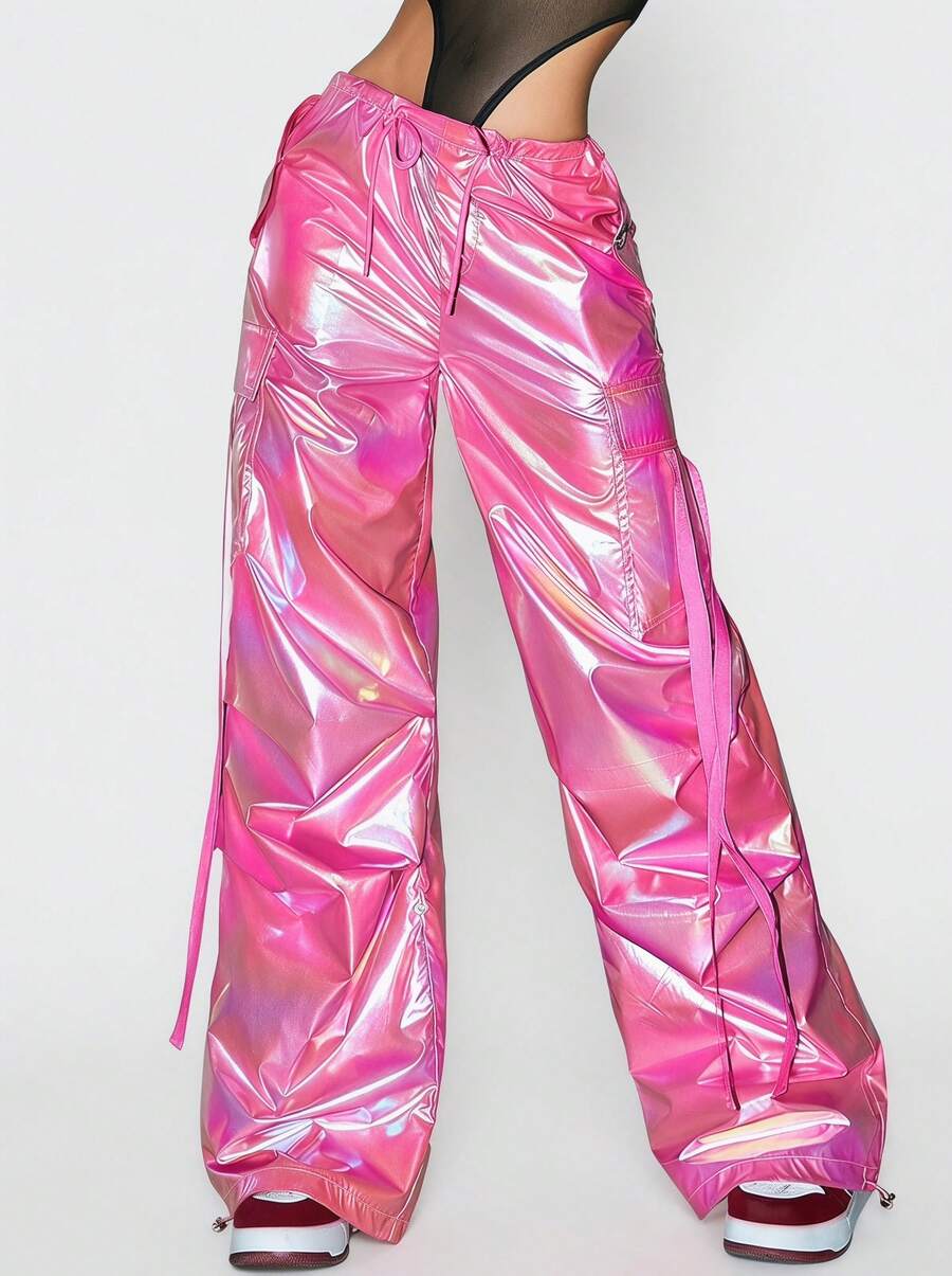 Blazique Y2K Holographic Pink Flap Pocket Side Satin Drawstring Waist Wide Leg Cargo Pants, Casual & Comfortable Everyday Wear Spring - Watermelon Pink - View 1