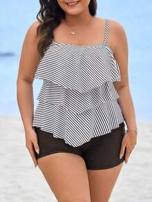 Swim Lushoire Traje de baño tipo tankini de 2 piezas, con estampado de rayas, ajuste de tirantes para mujer talla grande, ideal para vacaciones, verano y playa - Marrón - Ver 3