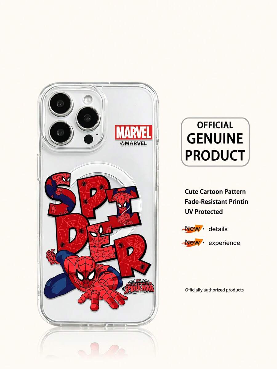 Miniso Marvel Spider-Man Iron Man Cartoon Men's Phone Case With Magnetic Charging Function, Compatible With IPhone 17 Pro Max/17 Pro/Air/16 Pro Max/15 Plus/14/13/17/15Pro/12 Pro/11/16 Plus,XR Apple Shockproof Scratch-Resistant Protective Case - Clear - View 1