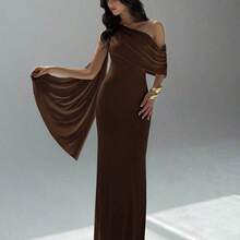 . .  Vestido asimétrico de hombro de unicolor elegante para mujer - Café integral - Ver 2