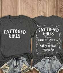 Funny Tattoo T-Shirt - Runs On Caffeine, Sarcasm And Inappropriate Thoughts, Women's Bold Graphic Tee, Retro Western Style Letter Print Short Sleeve Top, Oversized Double-Sided Graphic Tee, Women's Casual Egg Print Crew Neck T-Shirt, Women's Y2K Aesthetic Print Short Sleeve Top - 寶藍色 - 查看 7