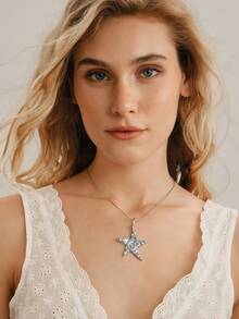 Nocturel 1pc Fashionable Retro Technology Feeling Starfish Pentagram Pendant Silver-Colored Necklace Sweater Chain - Silver - View 3