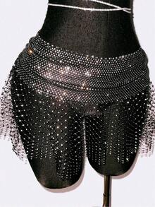 Minifalda sexy para mujer, con incrustaciones de red de pescar y brillantes, adecuada para ocasiones de fiesta - Negro - Ver 8