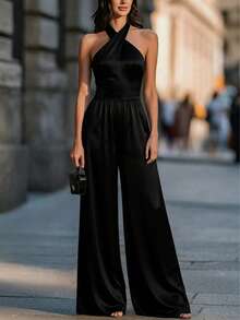 Bộ jumpsuit satin đen cổ yếm dành cho nữ, quần ống rộng cạp cao, thanh lịch, thích hợp cho tiệc cocktail hoặc dự tiệc cưới. - màu đen - Xem 2