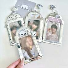 1 pieza Llavero porta-fotocarta espejo plateado Y2K, marco de foto acrílico con patrón de ángel & estrella para tarjetas de ídolos de 3", colgante protector de fotocarta estético con cadena de cuentas para decoración de mochila & colección de fans, vuelta a la escuela - Funda para tarjeta - Ver 2