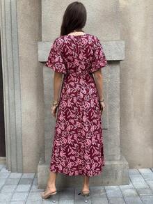 Clasi Vestido de unicolor con botones al frente, manga mariposa y abertura al muslo de longitud hasta el muslo para mujer - Rosa Fucsia - Ver 2
