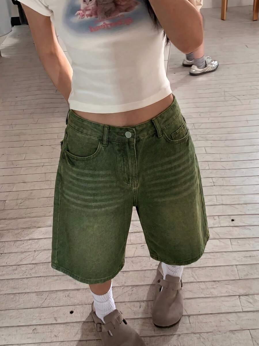 女款休閒日常口袋鈕扣牛仔短褲夏季 - 軍綠色 - 查看 1