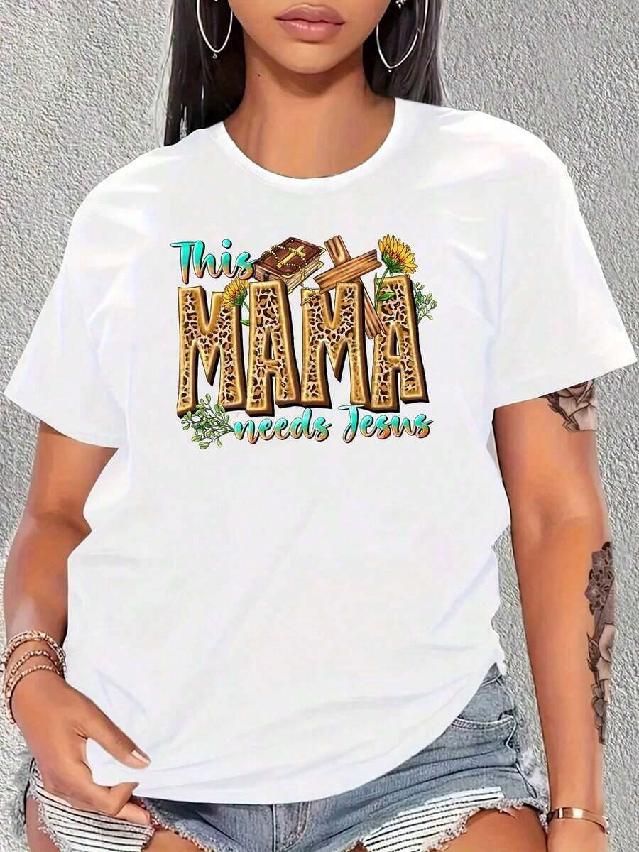 This Mom Needs Jesus - Women's Christian T-Shirt, Faith-Inspired Design, Religious Gift For Mother's Day, Easter, Christmas. New Summer Arrivals: 100% Cotton Crew Neck T-Shirts. - 白色 - 查看 1