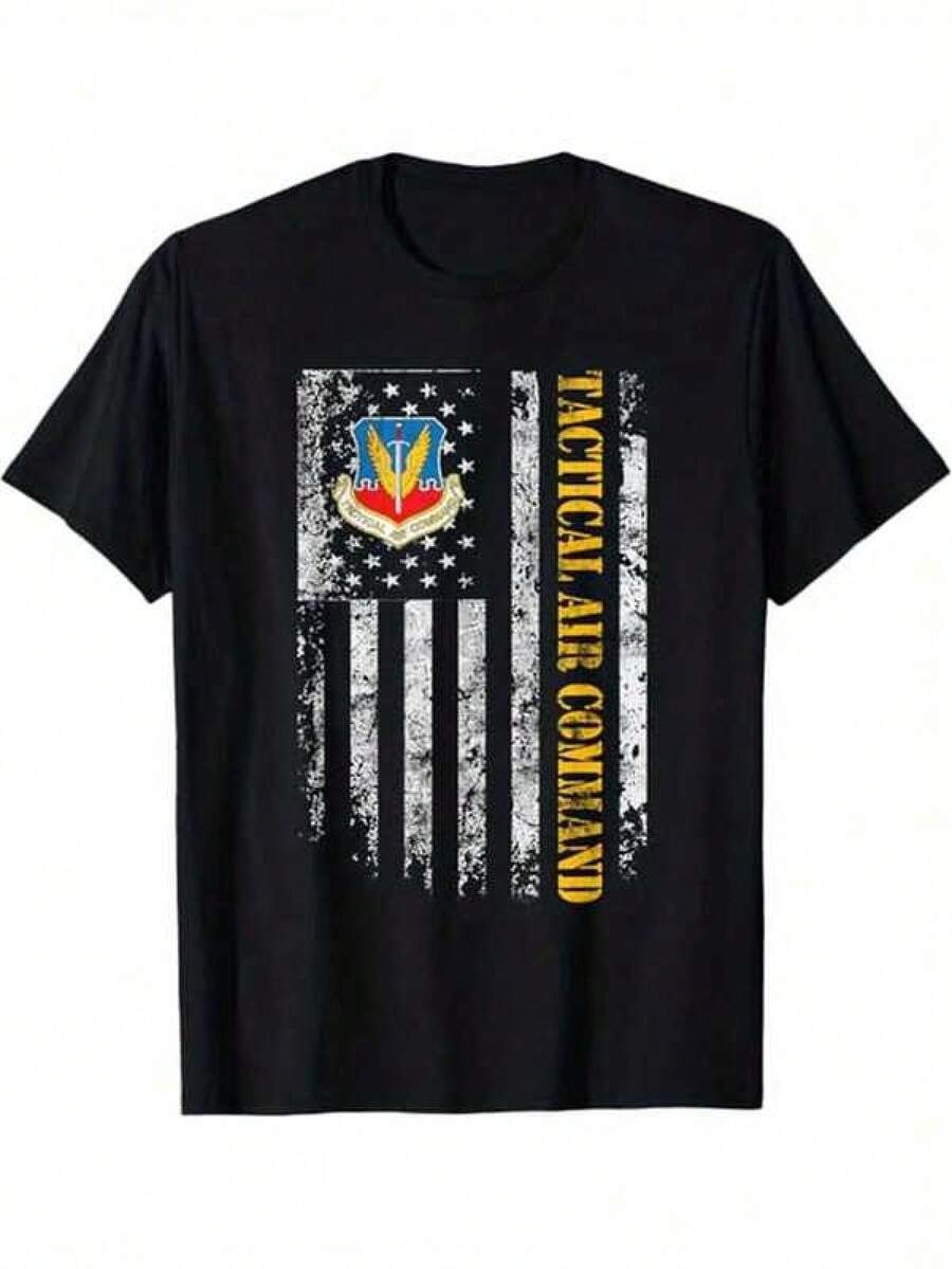 [Camiseta de Veterano de Algodón] Camiseta de Veterano de Comando Aéreo Táctico 100% Algodón - Impresión de Bandera de EE. UU., Cuello Redondo, Ajuste Regular de Manga Corta - Top Casual para Exteriores e Interiores - Negro - Ver 1