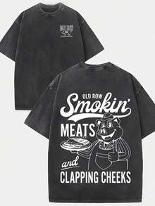 Pig Mascot - Graphic Print T-Shirt "Smokin' MEATS And CLAPPING CHEEKS", Urban Style, Men's Casual Wear, 230g Washed Cotton, Crew Neck, Short Sleeve, Comfortable And Breathable, Double-Sided Print, Summer Wear, High-Quality Design - 黑色 - 查看 1