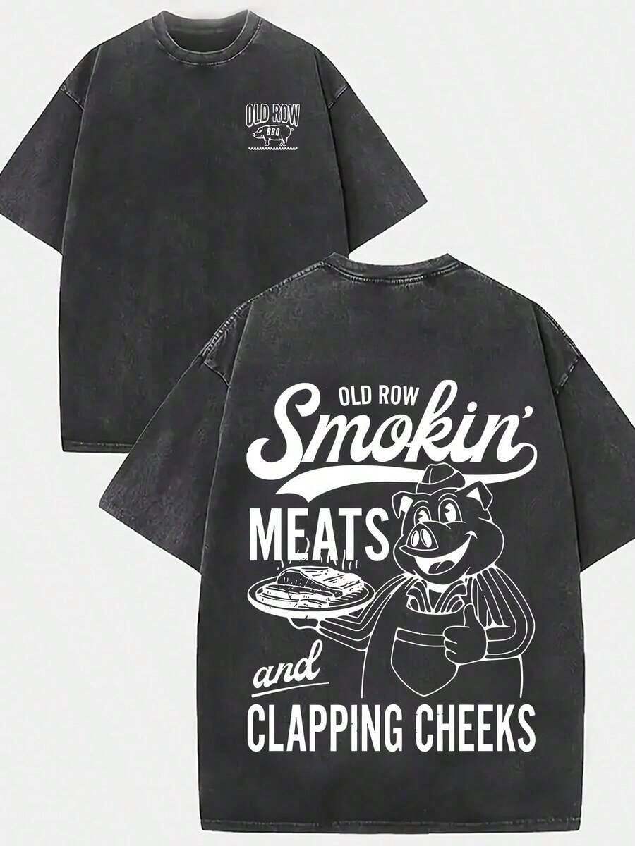 Pig Mascot - Graphic Print T-Shirt "Smokin' MEATS And CLAPPING CHEEKS", Urban Style, Men's Casual Wear, 230g Washed Cotton, Crew Neck, Short Sleeve, Comfortable And Breathable, Double-Sided Print, Summer Wear, High-Quality Design - 黑色 - 查看 1