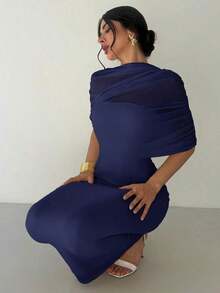 xheFirerie Vestido largo elegante y romántico con cuello de volantes sólido amarillo, cintura plisada asimétrica, ajustado, apropiado para la playa, el aeropuerto, las vacaciones y el trabajoxhe - Azul marino - Ver 7