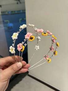 1件裝裝飾花卉髮箍，適合女性日常與派對穿著，可愛向日葵水鑽精緻髮箍，甜美拍照道具髮飾，人造流蘇花朵髮夾，適合海灘度假、夏威夷婚禮新娘造型髮帶 - 彩色 - 查看 10