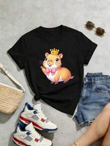 New In 2026 Girls' Summer Short Sleeve T-Shirt With Capybara Applique And Pink Bow. - Karlotta Capybara Print Round Neck Casual Blouse. For Parties And Casual Outfits NY-DX7357 In Spanish Girls' T-Shirt, Kids' T-Shirt, Cotton T-Shirt, Printed T-Shirts - 黑色 - 查看 3