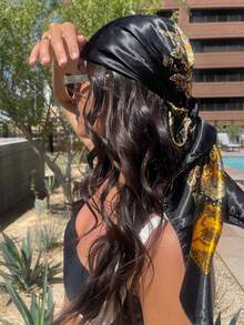 Women's Large Square Satin Scarf 90x90 Elegant Fashion Bandana For Hair And Neck - L5-Preto - 查看 7