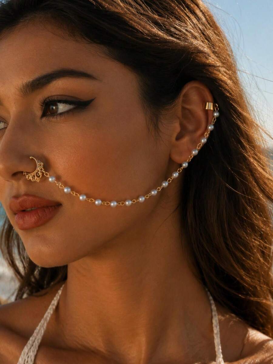 1 Set Bohemian Style Faux Pearl Chain Nose Ring & Ear Clip Combo, Elegant Beach Vacation Earrings For Women Without Pierced Ears, Fashion Party Accessories - Gold - View 1