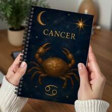 1pc A5 Spiral Notebook, Golden Crab Zodiac Design - Marble Paper, 5.71x8.27 Inches, Durable & Fashionable, Suitable For Students And Business Note-Taking, Retro Celestial Theme, Notebook Storage, School & Office Supplies, Student Notebook - Cancer - View 1