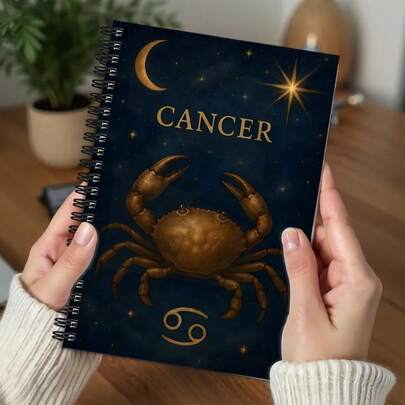 1 pieza Cuaderno espiral A5, diseño de zodiaco de cangrejo dorado - papel de mármol, 14,5 x 21 cm, duradero y de moda, adecuado para estudiantes y toma de notas de negocios, tema celestial retro, almacenamiento de cuadernos, útiles escolares y de oficina, cuaderno de estudiante