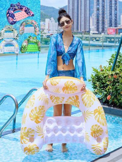 Maple Leaf Pattern Inflatable U-Shaped Float Chair, Super Comfortable Outdoor Leisure Item, Stylish Palm Leaf Print Inflatable U-Shaped Float Chair, Allows You To Easily Place Drinks During Summer Parties. Applicable Scenarios: Travel Season, Graduation Season, Back To School Season, Father's Day, Mother's Day, Pool Leisure.