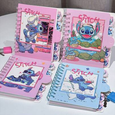  Bộ 4 cuốn sổ tay lò xo in hình hoạt hình dễ thương chủ đề Lilo & Stitch của Disney, gồm các cuốn sổ tay mini hình Stitch, sổ tay lò xo cầm tay với họa tiết hoạt hình đáng yêu, phù hợp cho học sinh.
