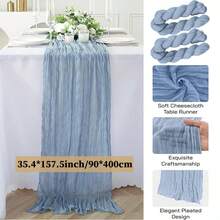 2pcs Grey-Blue Cheese Cloth Table Runner, 35x120 Inch Boho Crinkle Gauze Table Runner, Suitable For Wedding, Bridal Shower, Birthday Party, Farmhouse Dining Table Decor - Dusty Blue - View 9