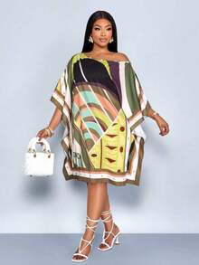 Vestido de mujer de talla para primavera y verano, elegante y para vacaciones casuales, vestido de longitud media con hombros inclinados, hombros asimétricos, pañuelo cuadrado off shoulder, vestido con patrón de rayas en bloque de color negro y blanco, impresión de posicionamiento, impresión tejida, adecuado para uso diario, compras, citas, ropa de amigas, ropa de invitados de boda, ropa de vacaciones, digno y adinerado, vacaciones de lujo tranquilo - Verde militar - Ver 7