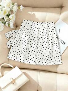 Falda mini acampanada de talle alto con lunares marrones y lazo/Cintura ceñida estilizante/Falda casual/de trabajo - Blanco - Ver 2