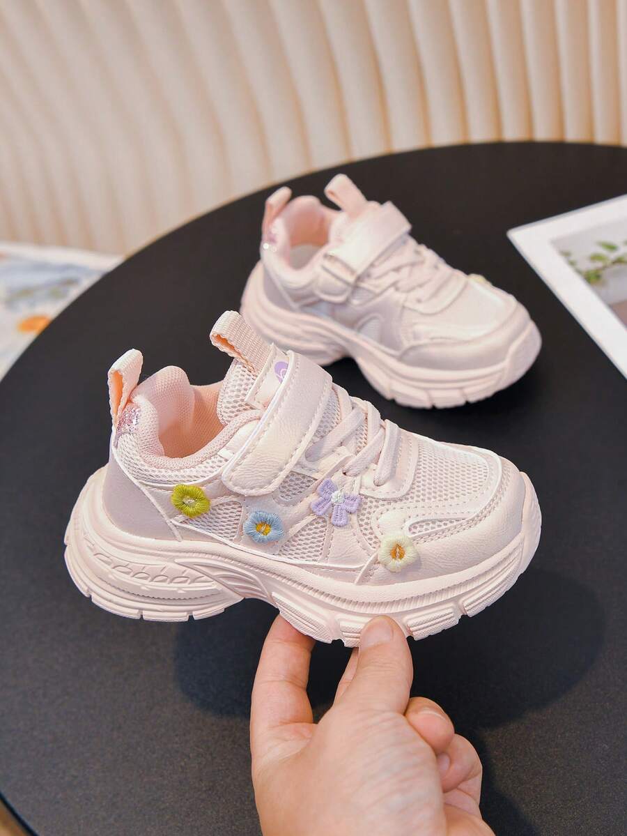 1雙女孩可愛花卉裝飾運動鞋,春季新品,秋季,四季通用學生鞋,女孩粉色網面鞋,厚底運動鞋 - 粉色 - 查看 1