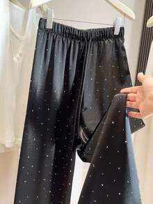 Women's High Waist Wide Leg Harem Pants - Floor Length Ice Satin Acetate Trousers, Lightweight, Suitable For Petite Height, Cool Drape, Machine Washable, For Elegant Casual, Office, Semi-Formal Wear - 奶茶 - 查看 7