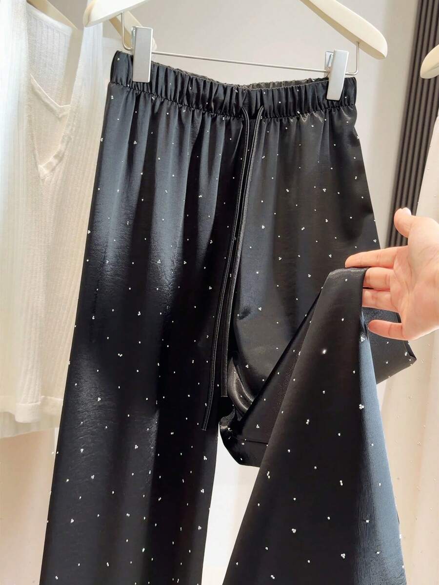 Women's High Waist Wide Leg Harem Pants - Floor Length Ice Satin Acetate Trousers, Lightweight, Suitable For Petite Height, Cool Drape, Machine Washable, For Elegant Casual, Office, Semi-Formal Wear - 黑暗的 - 查看 1