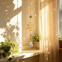 Goldener Lotus Sonnenfänger, Kristallprisma Hängender Sonnenfänger, geeignet für Fenster, Zuhause, Garten, Meditationsraum Dekoration, erzeugt Regenbögen - 1 Stück Goldenes Lotus-Netz - Übersicht 4