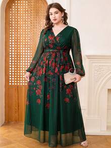 DEARCASE Plus Size Women Floral Print V-Neck Long Sleeve Dress Elegant Vacation - Dark Green - View 4