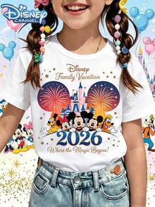 Disney T-Shirt Short Sleeves Are Made Of 100% Pure Cotton FabricDisney Family Vacation T Shirt White Mickey Mouse Minnie Donald Goofy Pluto Castle Fireworks 2026 Where The Magic Begins Disney Channel Theme Park Trip Summer Outfit For KidsA Gift Suitable For Girls - trắng - Xem 1