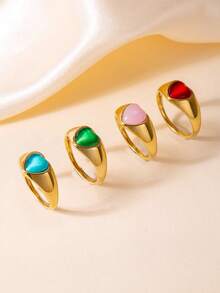 1pc Fashionable Luxury Red Heart-Shaped Cat Eye Stone Inlaid Stainless Steel Cast Ring, Suitable For Women's Daily Or Party Wear - Red - View 3