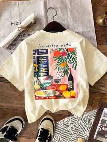 Under The Radar Women's Graphic T-Shirt, Casual And Urban Style, Short Sleeve T-Shirt, Cute Summer Top, Pure Cotton T-Shirt - Vintage Street Style Unisex Loose Cotton Short Sleeve Crew Neck T-Shirt - 杏色 - 查看 6