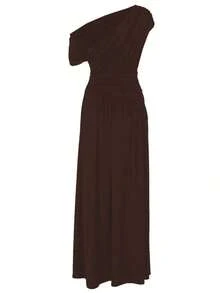 Vestido largo plisado de unicolor con cuello oblicuo para mujer, ajustado y estilizador, elegante y sexy vestido de fiesta de verano - Marrón - Ver 5