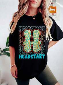 Women's Oversized Cotton Graphic T-Shirt Y2K Streetwear Style - Casual Short Sleeve T-Shirt With HEADSTART Print For Her, Gift, Round Neck, Casual Short Sleeve T-Shirt With Print, They Are Excellent Gifts For Friends And Family, 100% Cotton T-Shirts, Youthful And Fashionable Design. - 黑色 - 查看 6