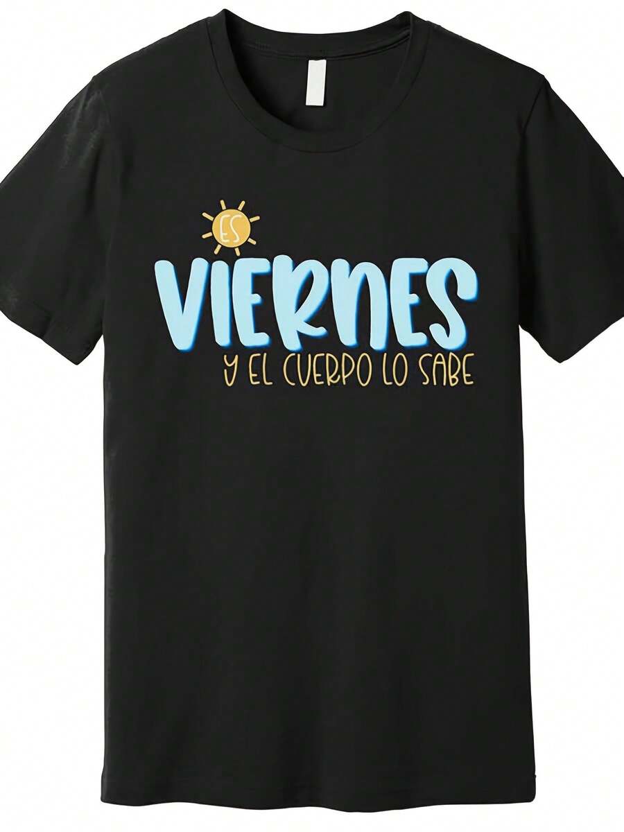 Women's & Men's "Friday And Body Knows" Print T-Shirt, "Spanish Friday" Slogan T-Shirt, Men's Casual Short Sleeve T-Shirt, Summer 2026, Machine Washable, Comfortable, Suitable For All Seasons, Unisex - 黑色 - 查看 1