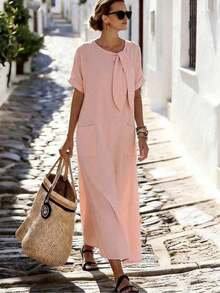 Holidaya Vestido de mujer de manga corta de longitud media con cuello de corbata, bolsillo suelto y textura de tela de color albaricoque para uso diario, viajes y vacaciones. Vestido largo de mujer estilo resort, vestido casual de verano Zanzea para mujer. Vestidos casuales largos para mujer en color azul claro, azul bebé y turquesa. - Rosa - Ver 1