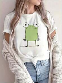 Women's Cotton T-Shirt, Casual And Stylish Round Neck With Abstract Frog Print, Breathable, Round Neck, And Short Sleeves, A New Summer T-Shirt For Women For Leisure. Cozy Soft Simple Everyday Wear Short Sleeve Top - 白色 - 查看 2