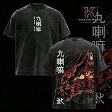 Nine Tails Fox T-Shirt – Oversized Vintage Style T-Shirt Inspired By The Anime Kurama, With Graphic Print, Made Of Heavyweight Acid-Washed Cotton, Unisex Streetwear, Casual Anime Print T-Shirt, Gift For Anime Fans, Summer Wear For Women And Men. - 白色 - 查看 6
